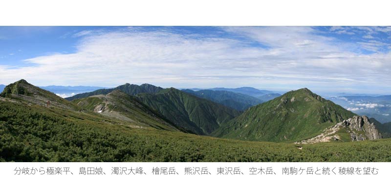 写真。分岐から極楽平・島田娘・濁沢大峰・檜尾岳・熊沢岳・東沢岳・空木岳・南駒ヶ岳へ続く稜線を望む
